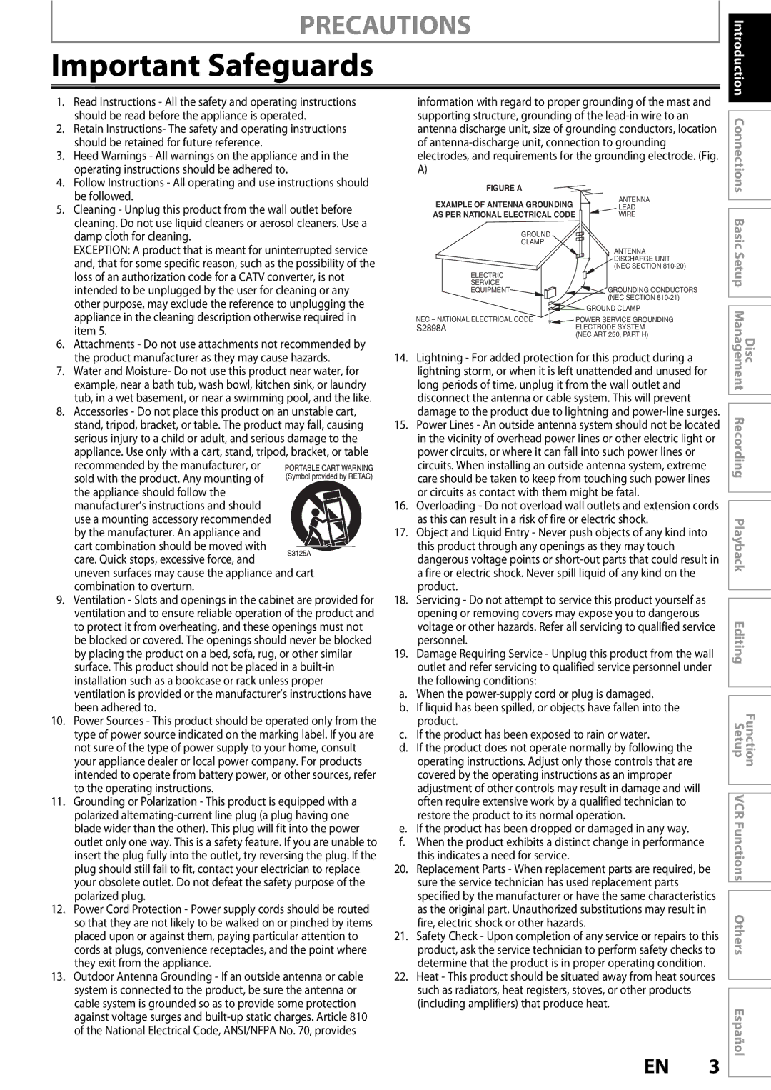 FUNAI ZV450TT8 owner manual Important Safeguards, Precautions 