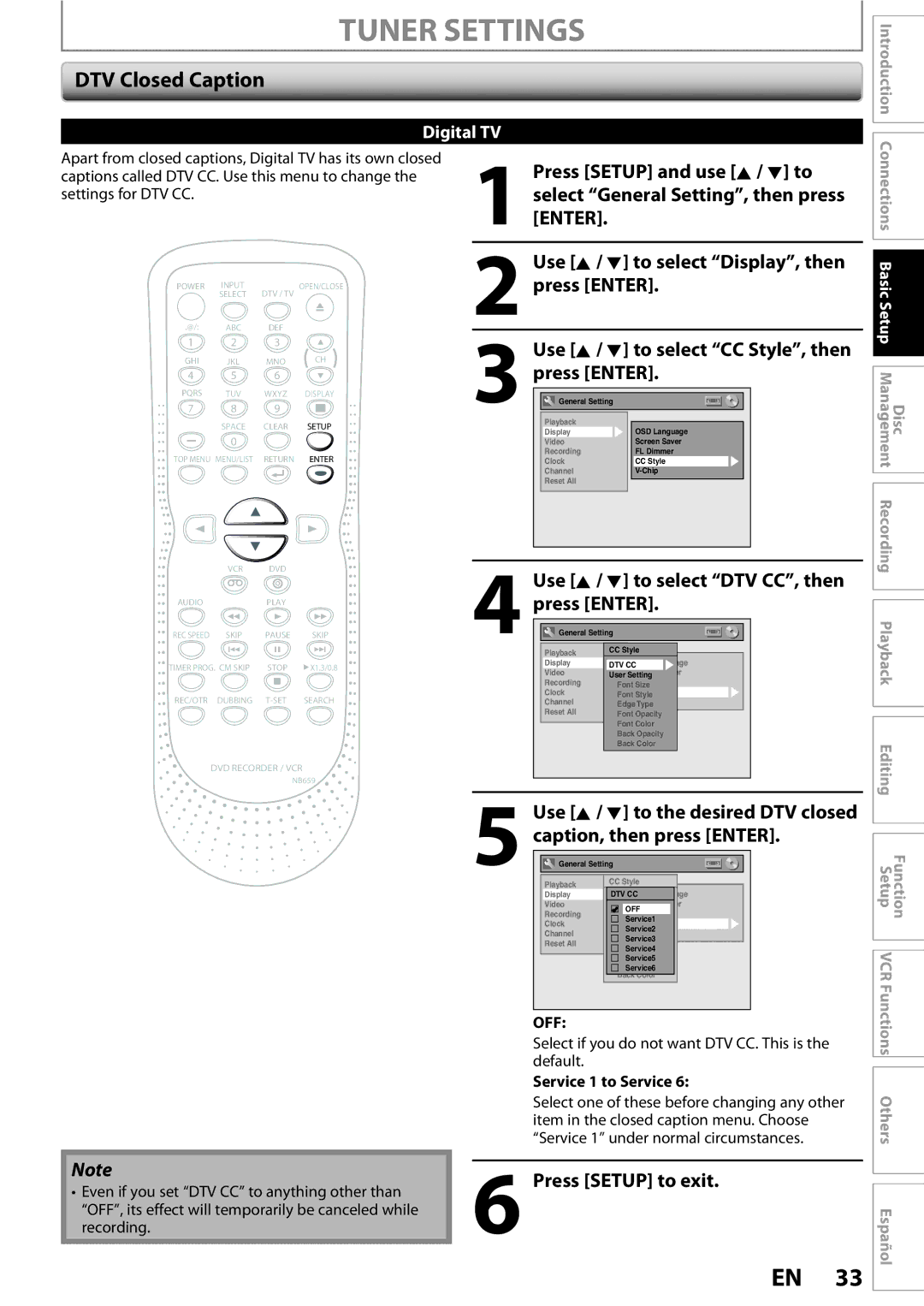 FUNAI ZV450TT8 DTV Closed Caption, Use K / L to select Display, then press Enter, Use K / L to select CC Style, then 