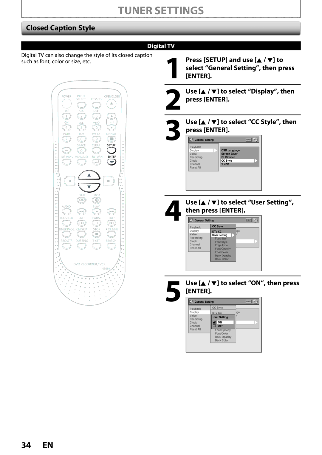 FUNAI ZV450TT8 owner manual Closed Caption Style, Then press Enter 