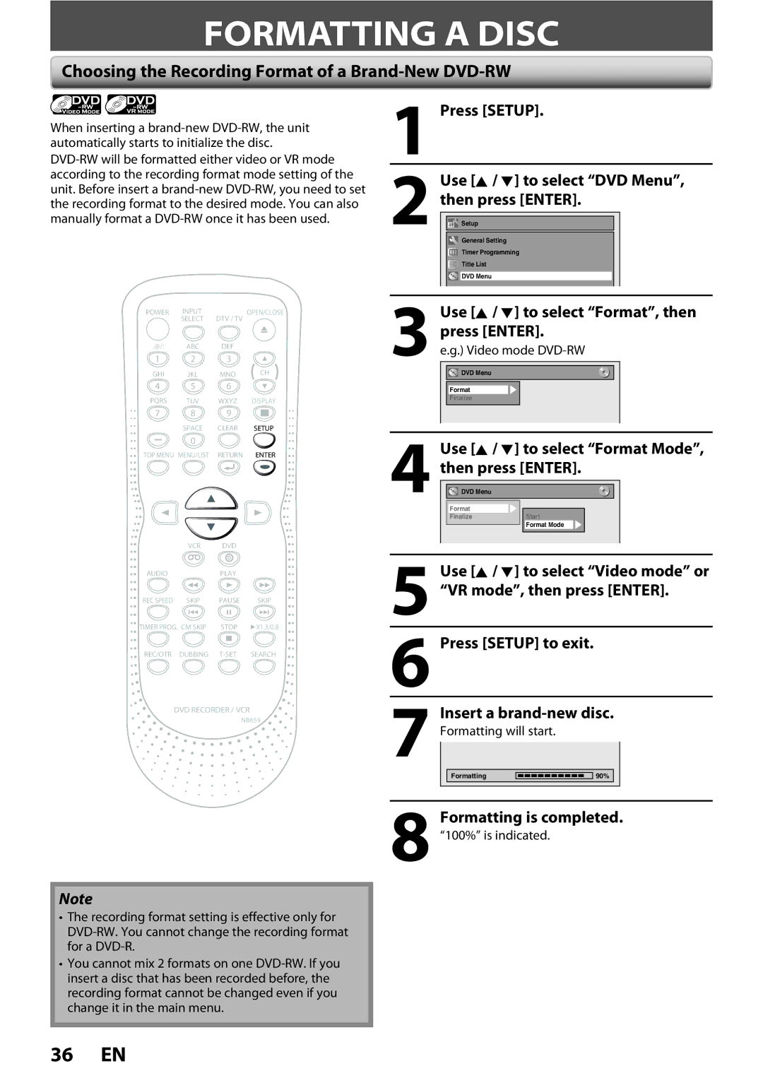 FUNAI ZV450TT8 owner manual Formatting a Disc, Choosing the Recording Format of a Brand-New DVD-RW 