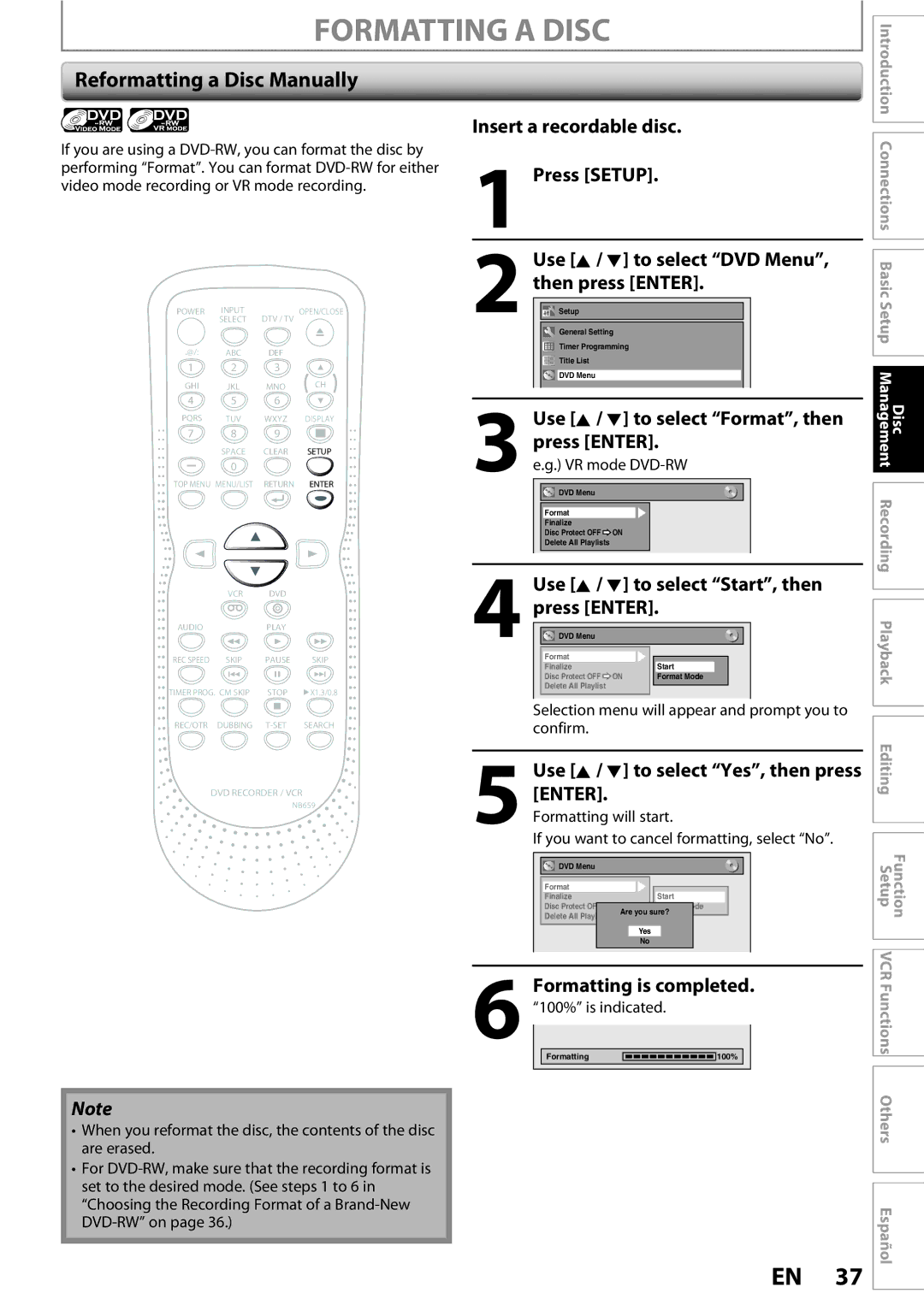 FUNAI ZV450TT8 owner manual Formatting a Disc, Reformatting a Disc Manually, Use K / L to select Format, then press Enter 