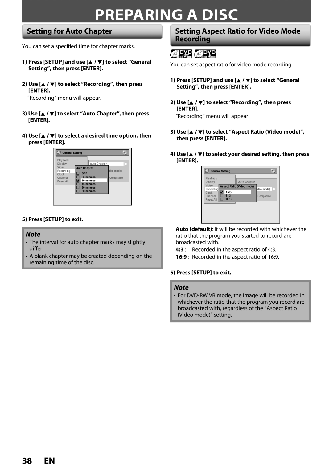 FUNAI ZV450TT8 owner manual Preparing a Disc, Setting for Auto Chapter, Setting Aspect Ratio for Video Mode Recording 