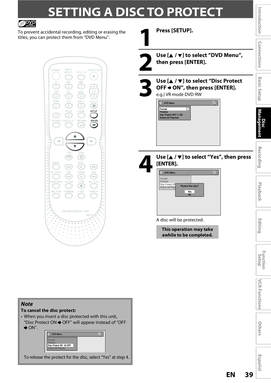 FUNAI ZV450TT8 Setting a Disc to Protect, OFF ON, then press ENTER. e.g. VR mode DVD-RW, To cancel the disc protect 