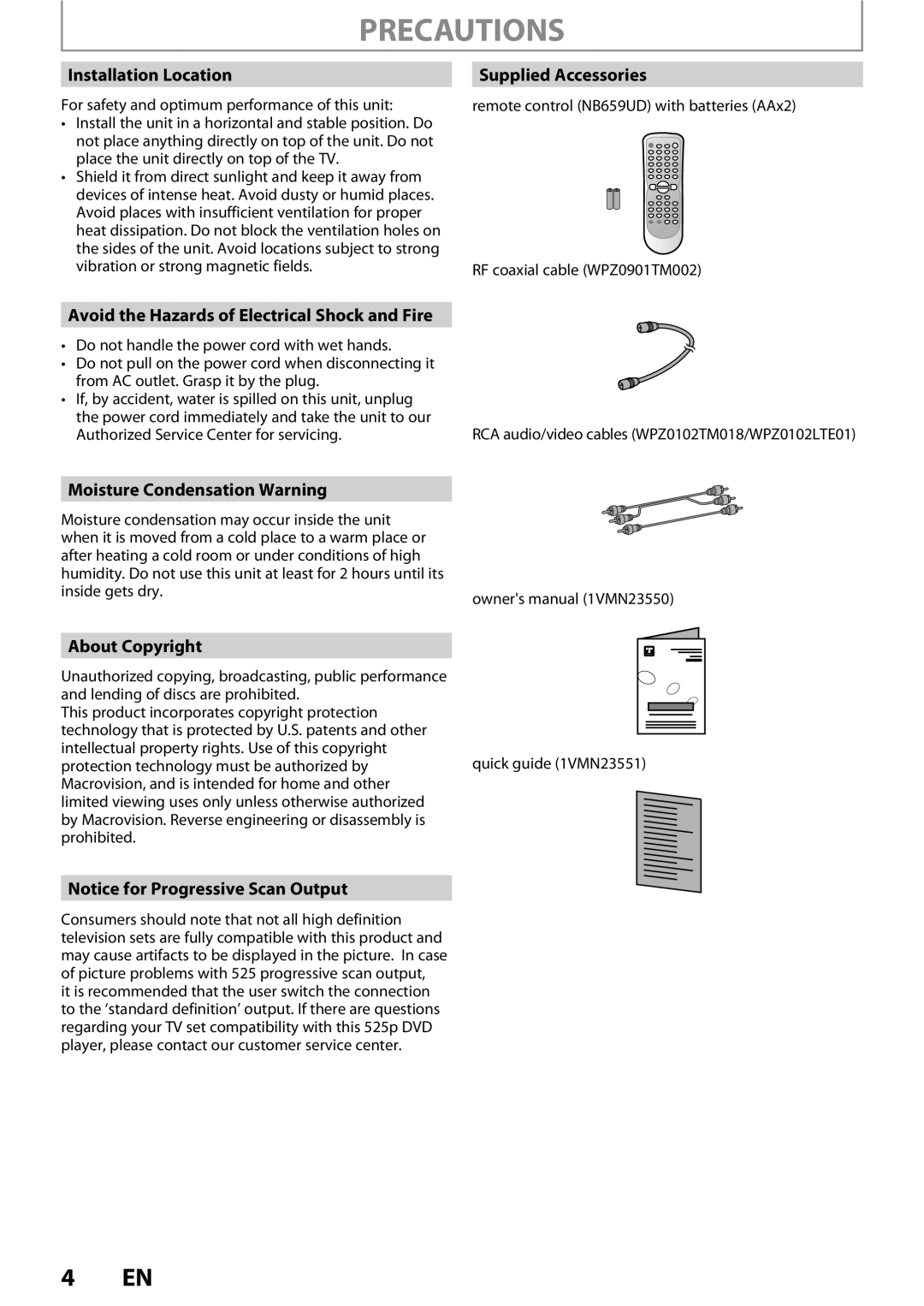 FUNAI ZV450TT8 owner manual Installation Location, Supplied Accessories, Avoid the Hazards of Electrical Shock and Fire 