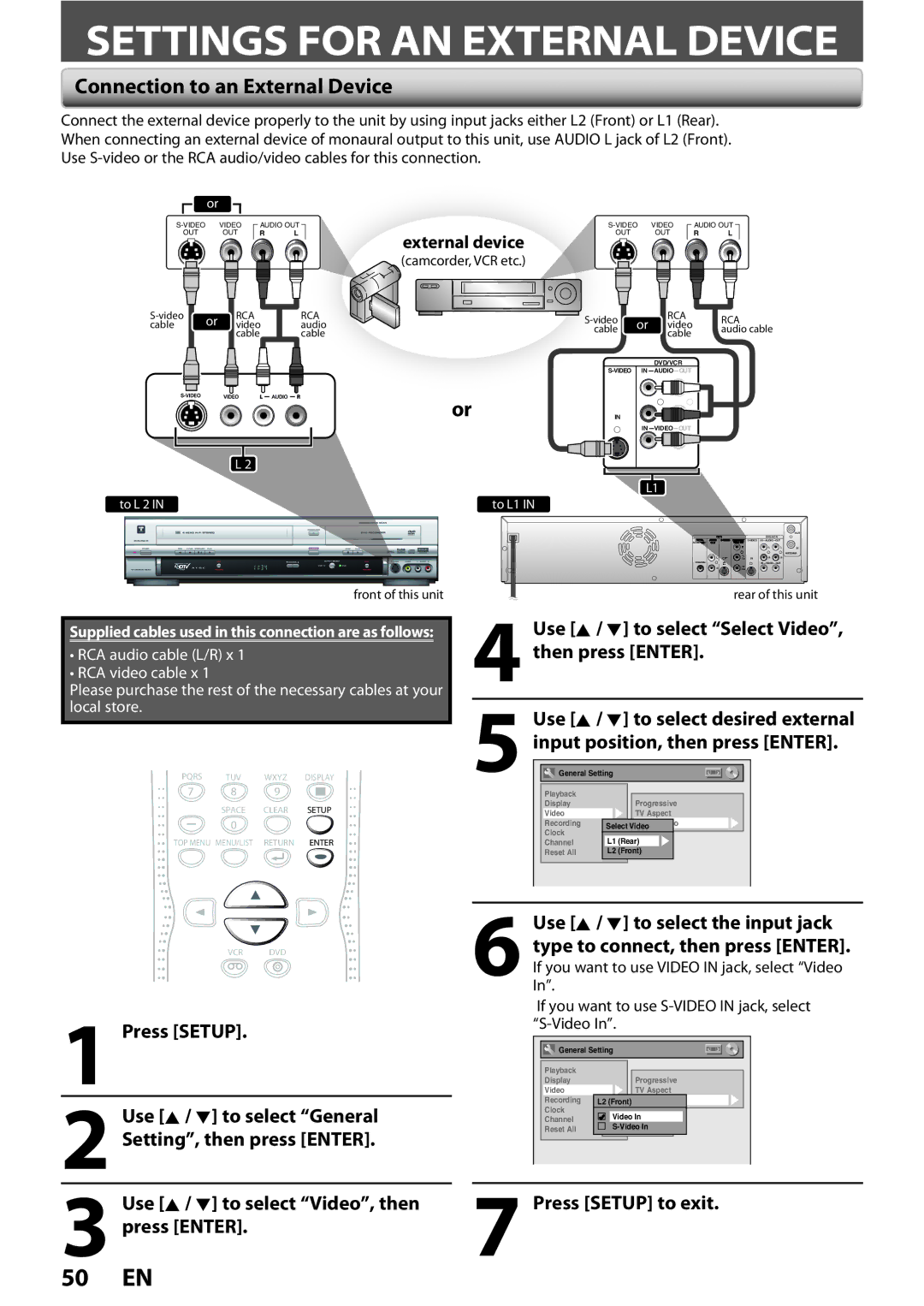 FUNAI ZV450TT8 owner manual Settings for AN External Device, Connection to an External Device, External device 