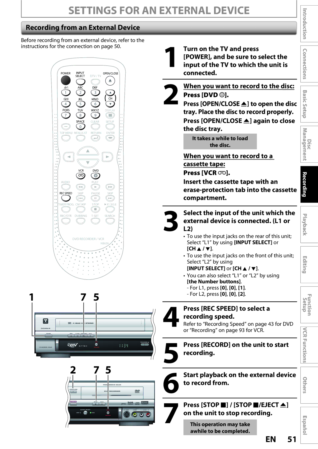 FUNAI ZV450TT8 Settings for AN External Device, Recording from an External Device, It takes a while to load Disc 