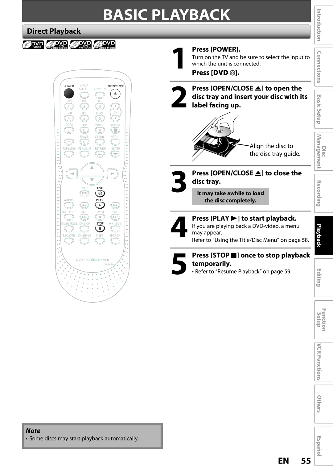 FUNAI ZV450TT8 owner manual Direct Playback, Some discs may start playback automatically 