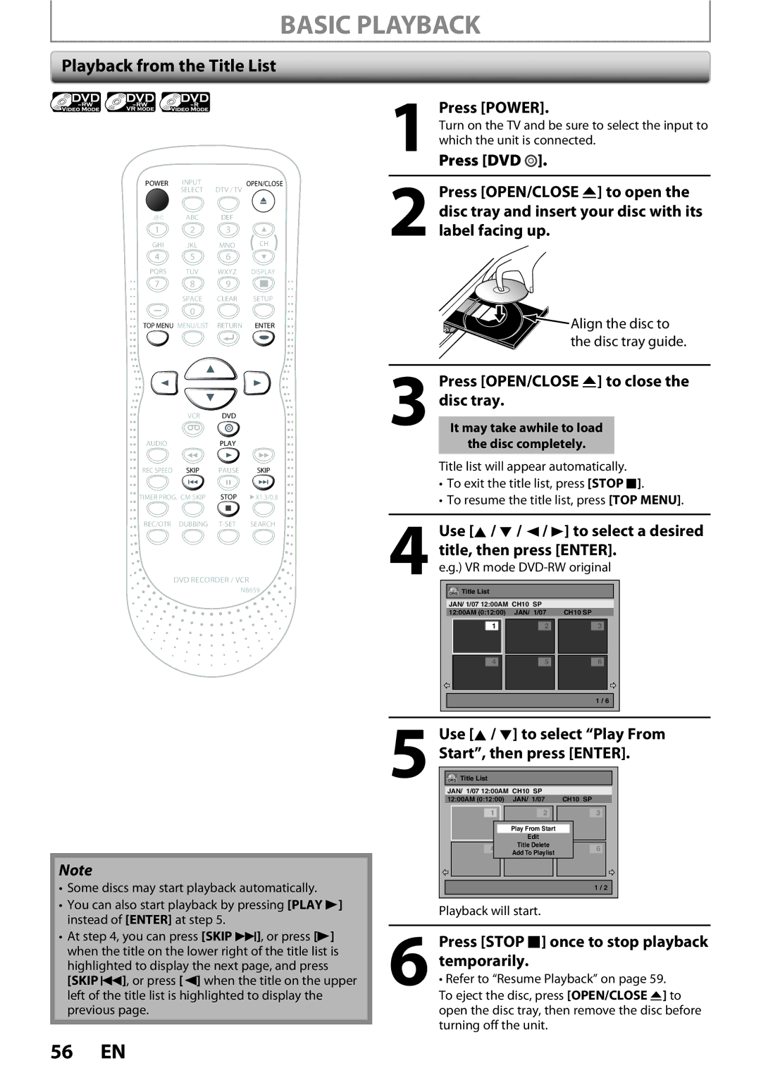 FUNAI ZV450TT8 Basic Playback, Playback from the Title List, Press Stop C once to stop playback, Start, then press Enter 