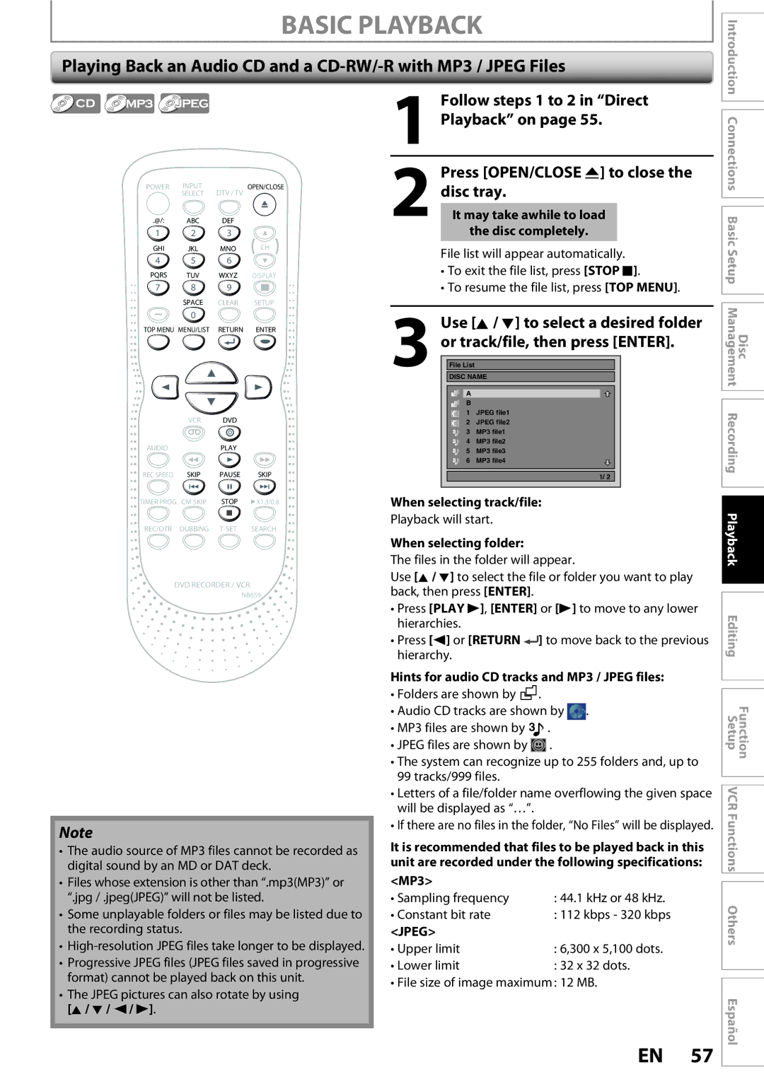 FUNAI ZV450TT8 Follow steps 1 to 2 in Direct, Playback on, Or track/file, then press Enter, Press OPEN/CLOSE a to close 