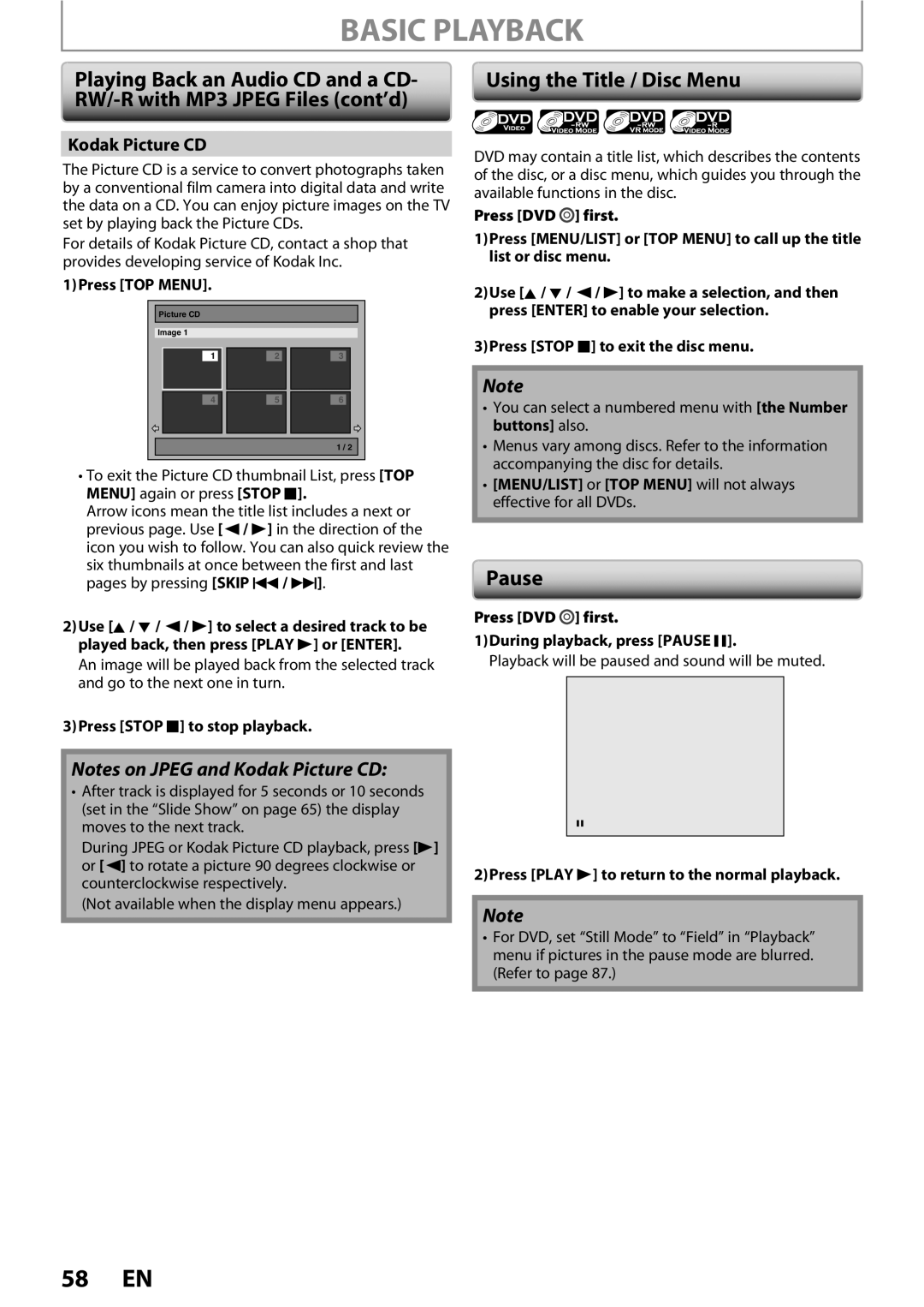 FUNAI ZV450TT8 owner manual Using the Title / Disc Menu, Pause, Kodak Picture CD 