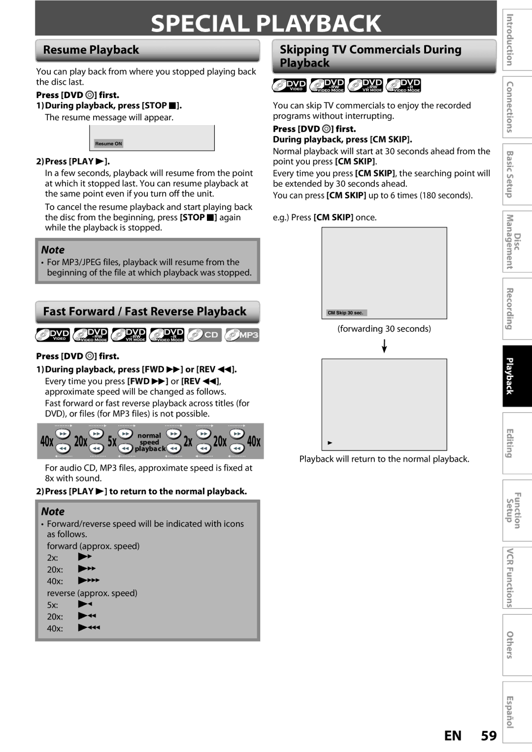 FUNAI ZV450TT8 owner manual Special Playback, Resume Playback, Fast Forward / Fast Reverse Playback 