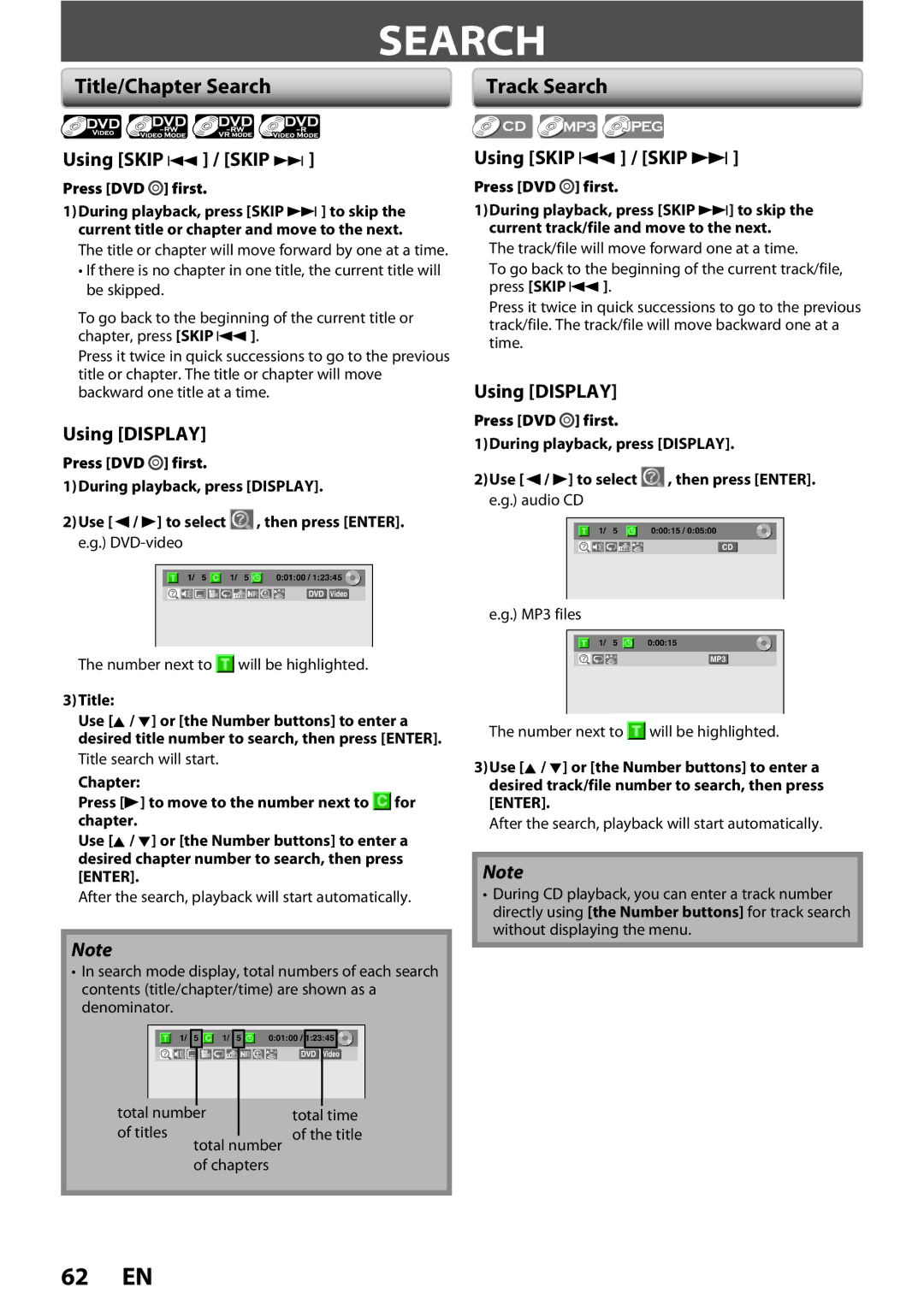 FUNAI ZV450TT8 owner manual Title/Chapter Search, Using Skip j / Skip, Using Display 