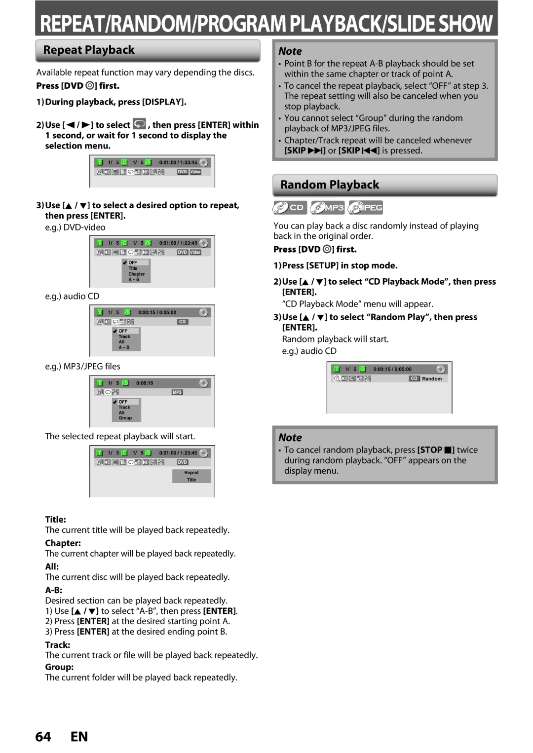 FUNAI ZV450TT8 owner manual Repeat Playback, Random Playback 