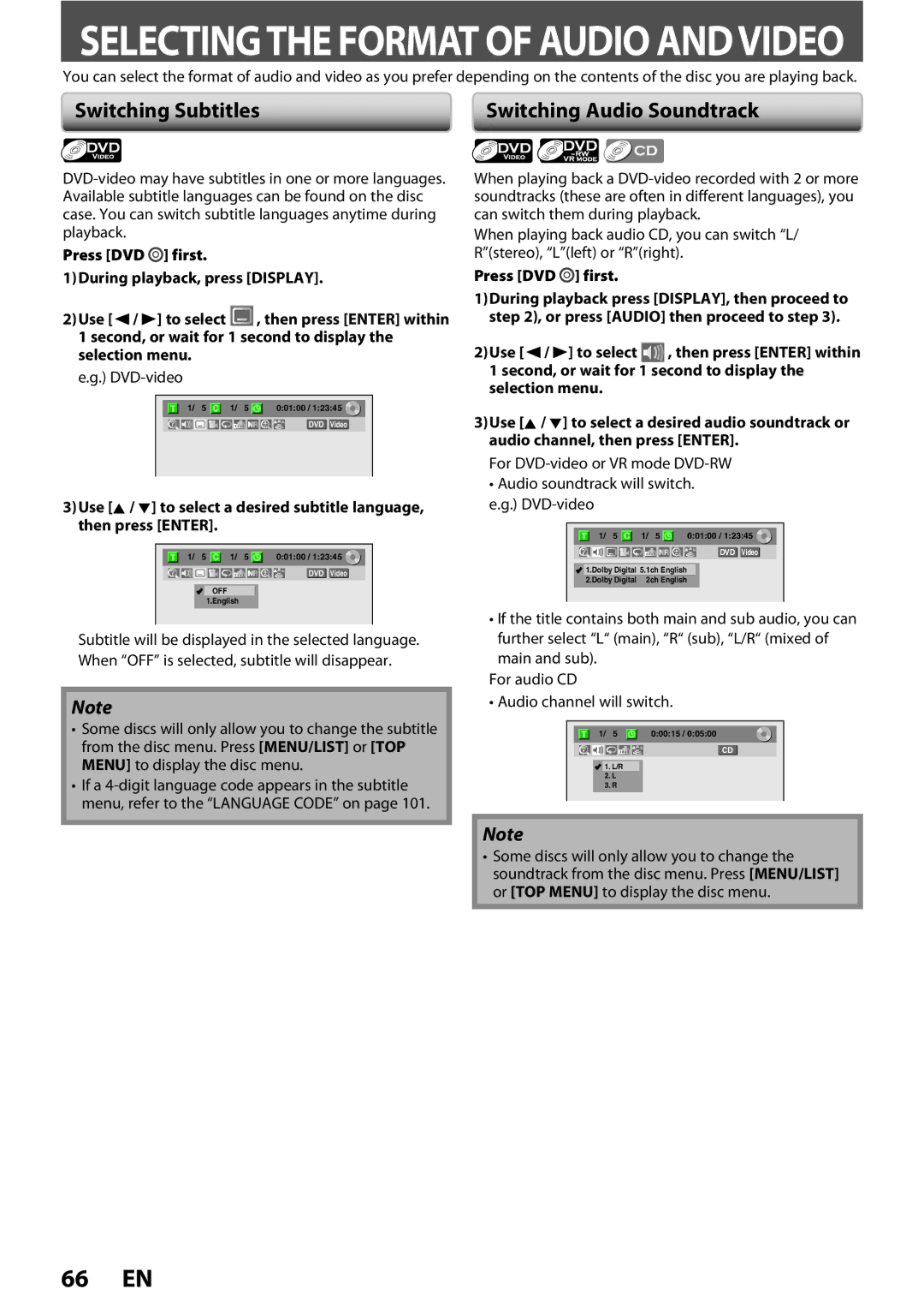 FUNAI ZV450TT8 owner manual Switching Subtitles, Switching Audio Soundtrack 