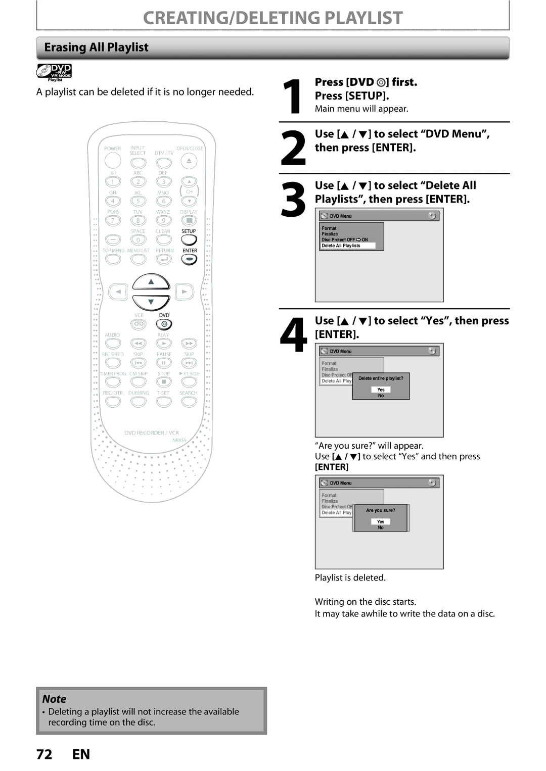 FUNAI ZV450TT8 CREATING/DELETING Playlist, Erasing All Playlist, Use K / L to select Yes, then press ENTER.DVD Menu 