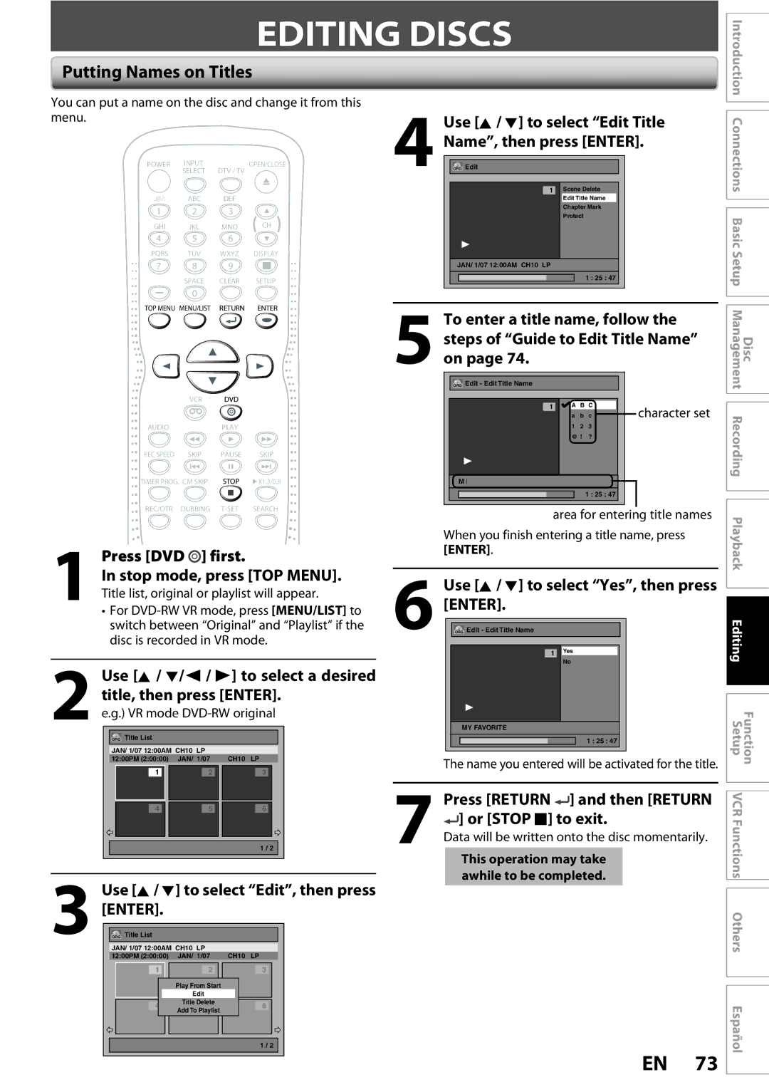 FUNAI ZV450TT8 owner manual Editing Discs, Putting Names on Titles 