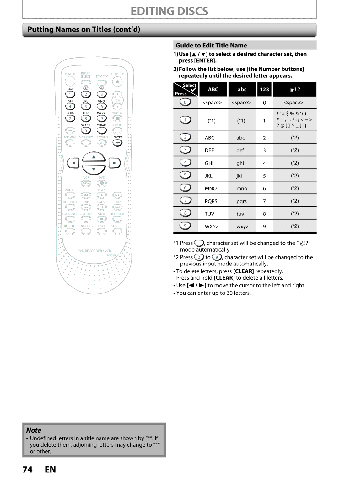 FUNAI ZV450TT8 owner manual Editing Discs, Putting Names on Titles cont’d, Guide to Edit Title Name, Mode automatically 