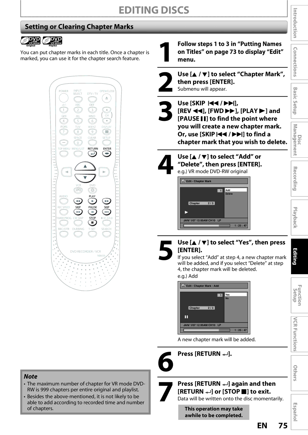 FUNAI ZV450TT8 owner manual Setting or Clearing Chapter Marks, Use Skip H / G, Press Return 