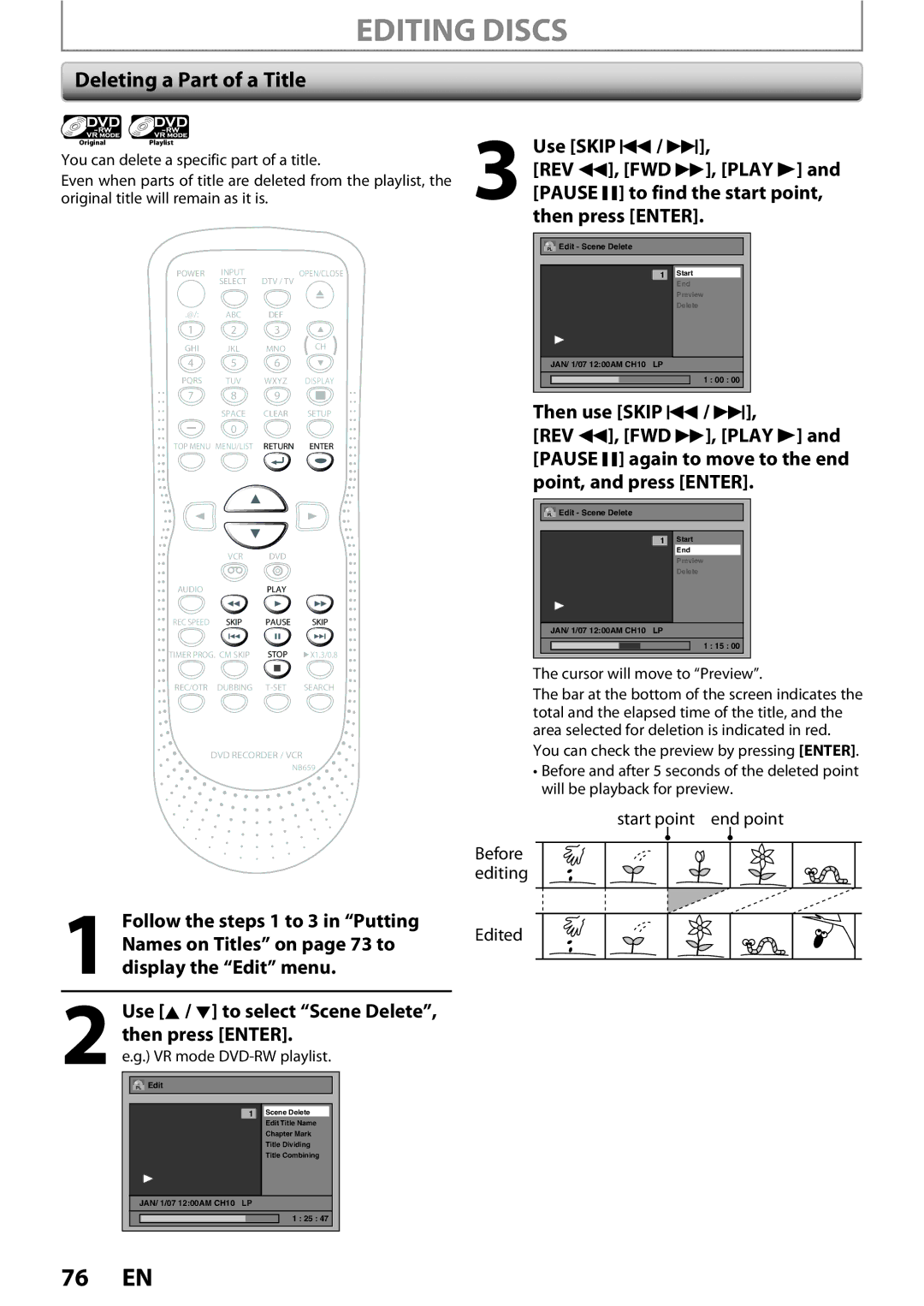 FUNAI ZV450TT8 Deleting a Part of a Title, Use K / L to select Scene Delete, then press Enter, Cursor will move to Preview 