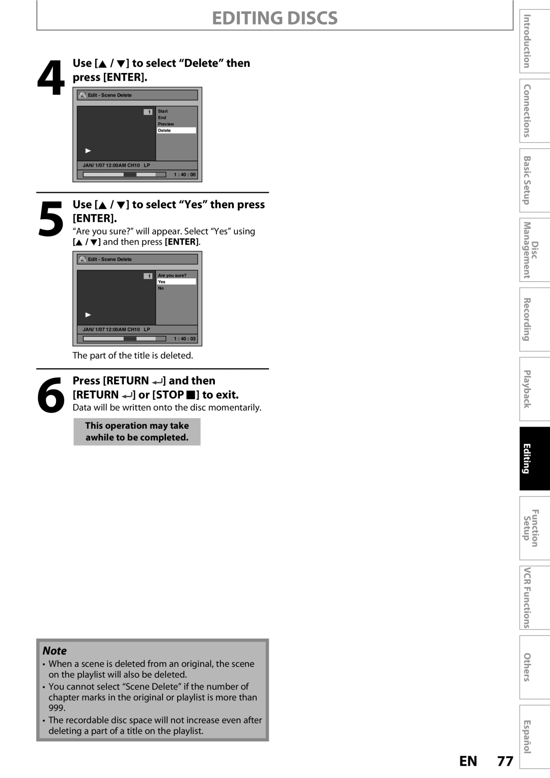 FUNAI ZV450TT8 owner manual Use K / L to select Delete then press Enter, Then press Enter, Part of the title is deleted 