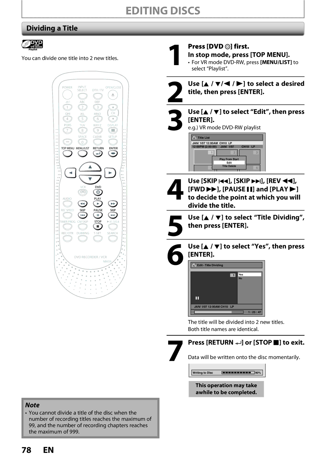 FUNAI ZV450TT8 owner manual Dividing a Title, Press DVD first Stop mode, press TOP Menu, Press Return or Stop C to exit 