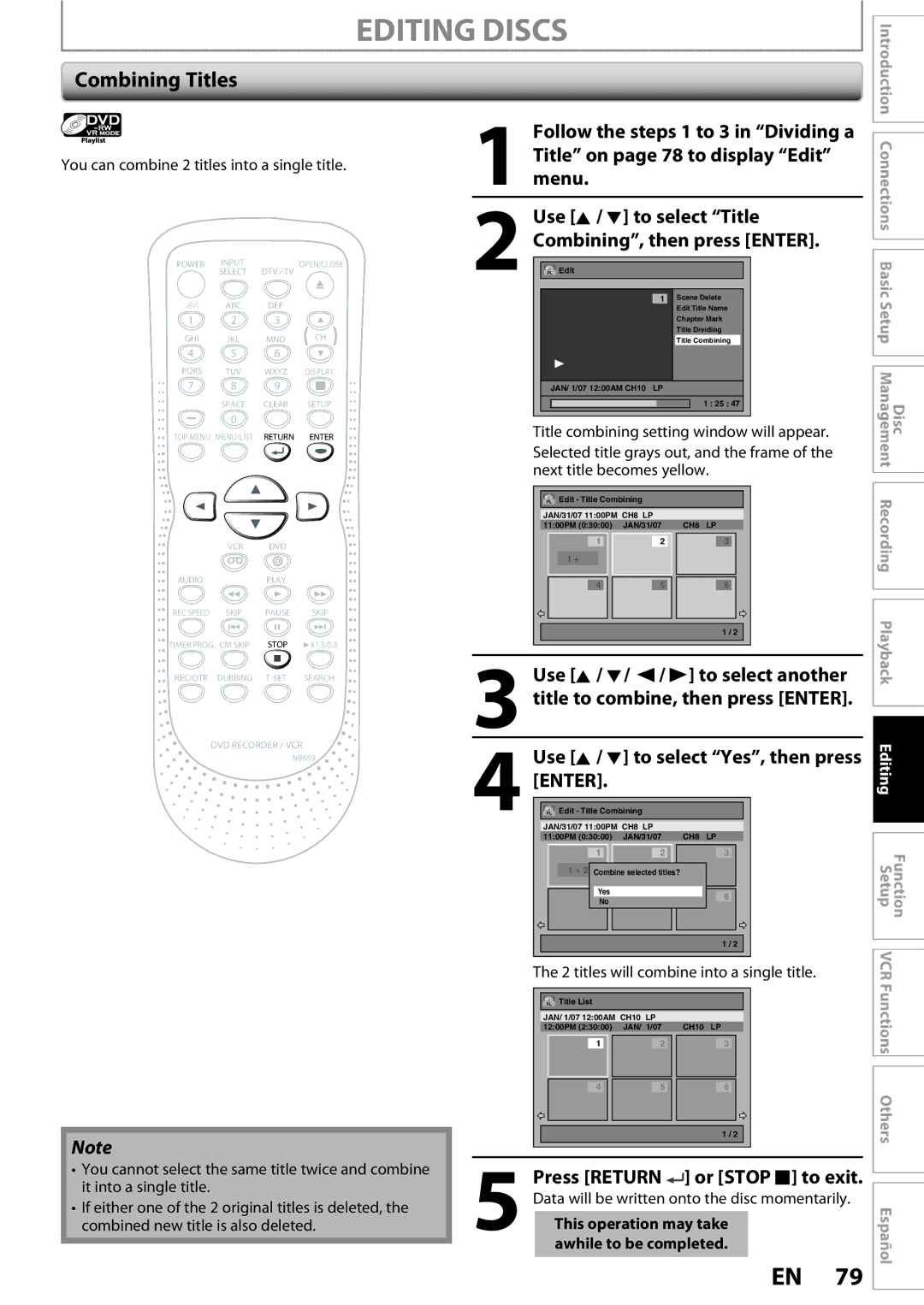 FUNAI ZV450TT8 owner manual Combining Titles, Combining, then press Enter, Others 