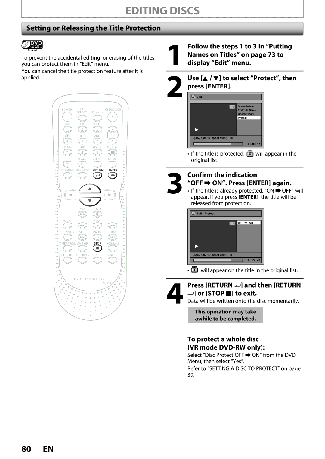 FUNAI ZV450TT8 owner manual Setting or Releasing the Title Protection, Confirm the indication OFF ON. Press Enter again 