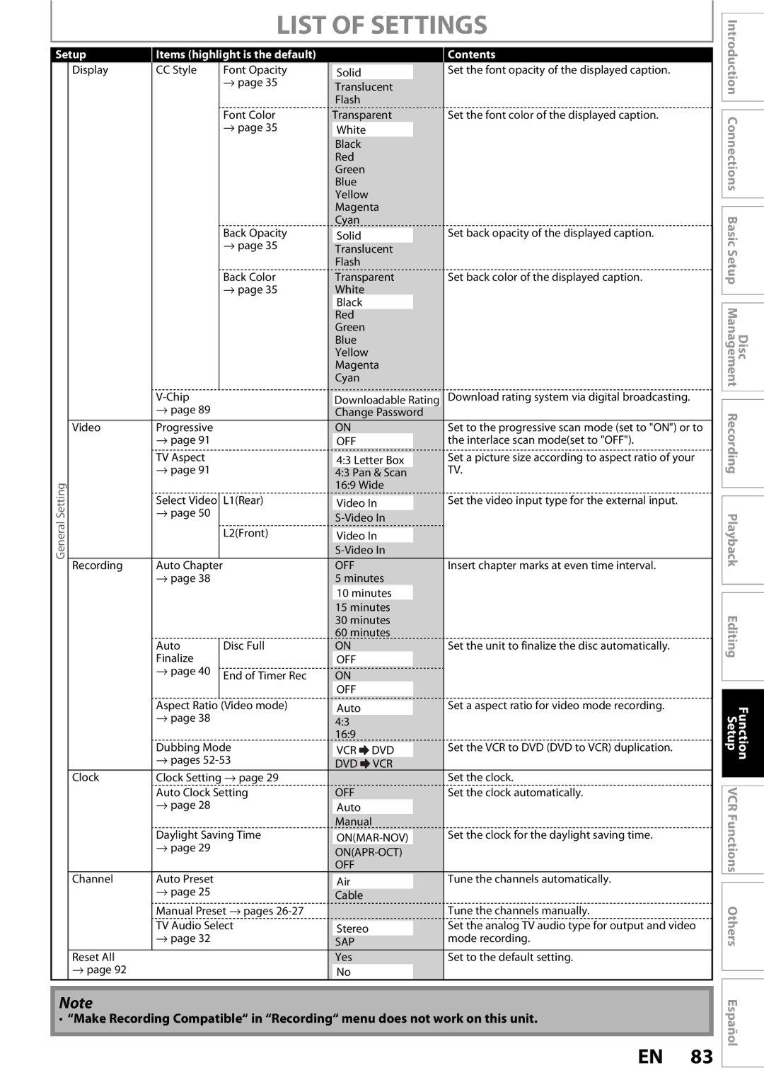 FUNAI ZV450TT8 owner manual List of Settings, Español 