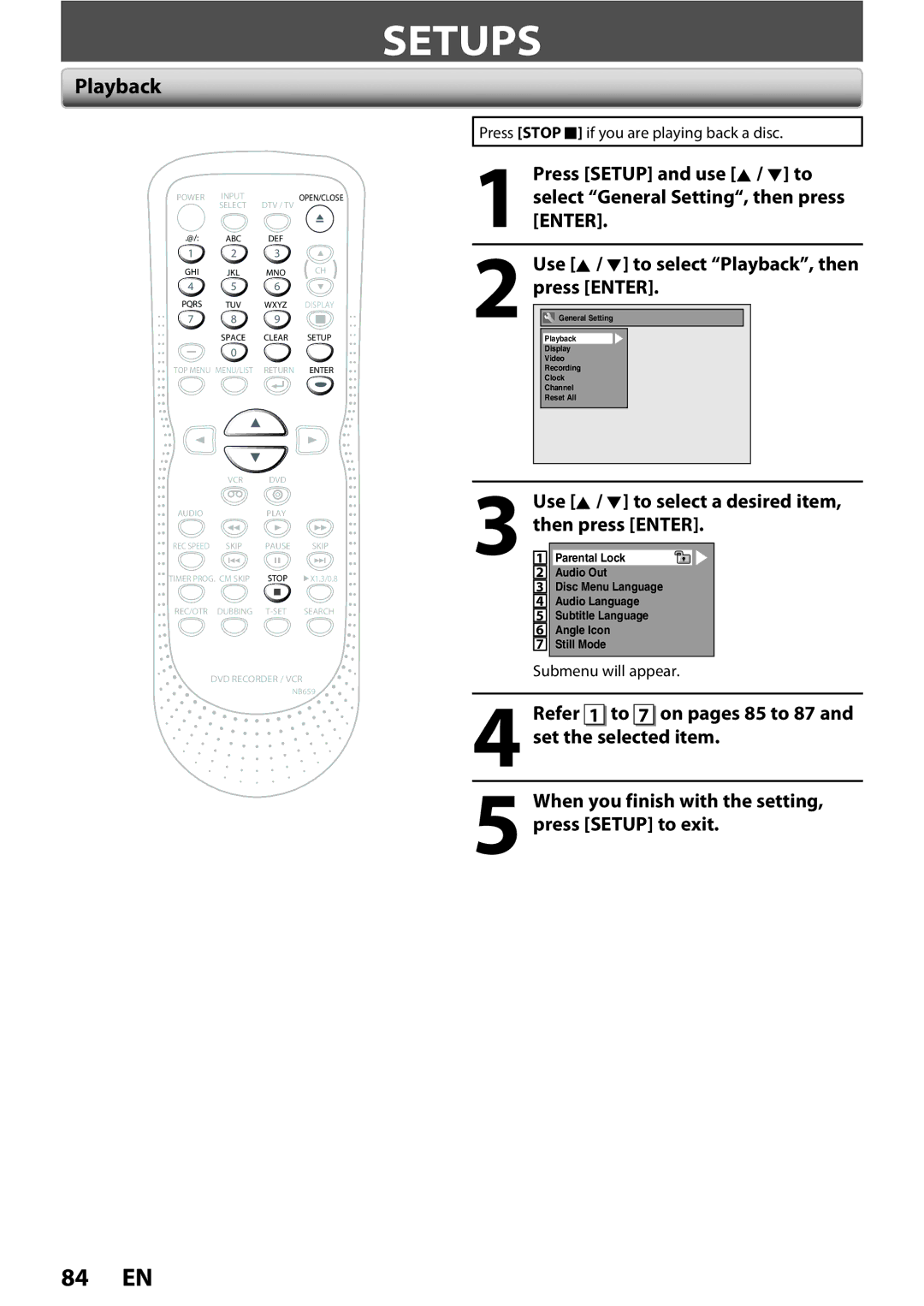 FUNAI ZV450TT8 owner manual Setups, Playback, Use K / L to select a desired item, then press Enter 