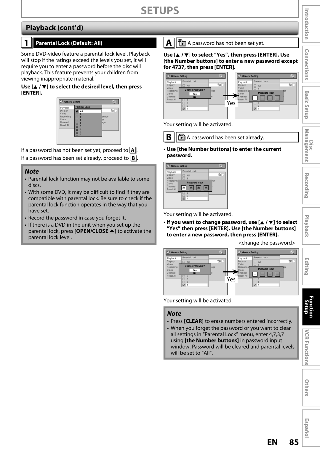 FUNAI ZV450TT8 owner manual Setups, Playback cont’d, Parental Lock Default All, Function 