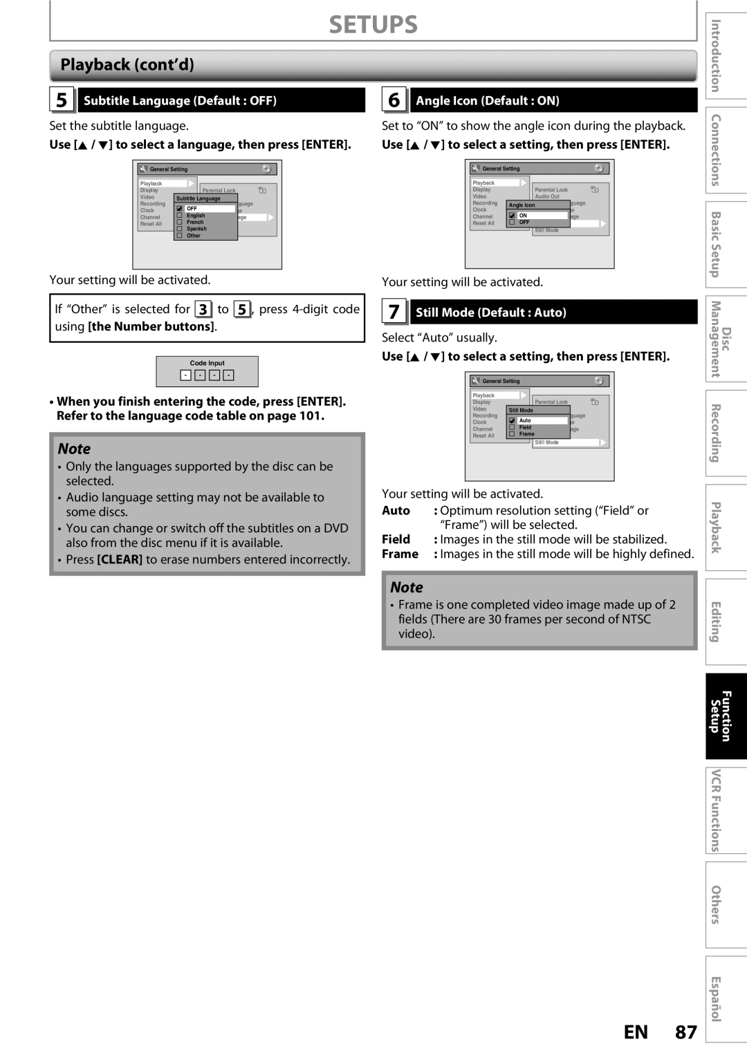 FUNAI ZV450TT8 owner manual Subtitle Language Default OFF, Angle Icon Default on, Still Mode Default Auto 