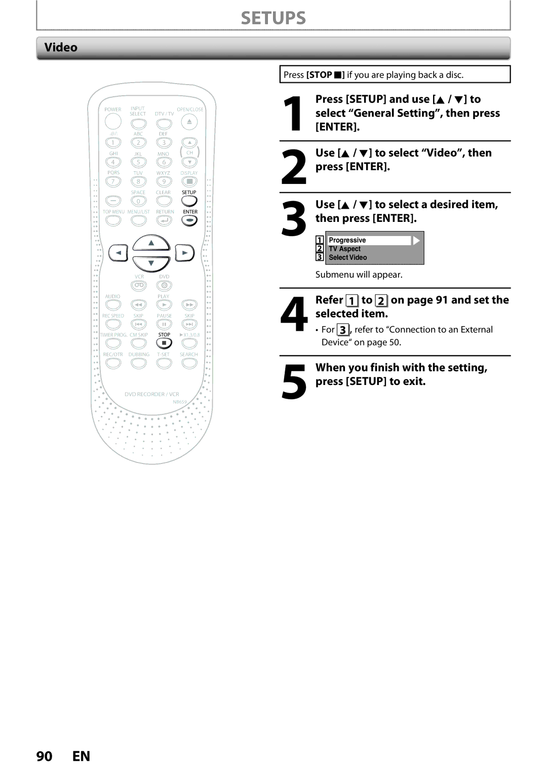 FUNAI ZV450TT8 Video, Selected item, Refer 1 to 2 on page 91 and set, For 3 , refer to Connection to an External 