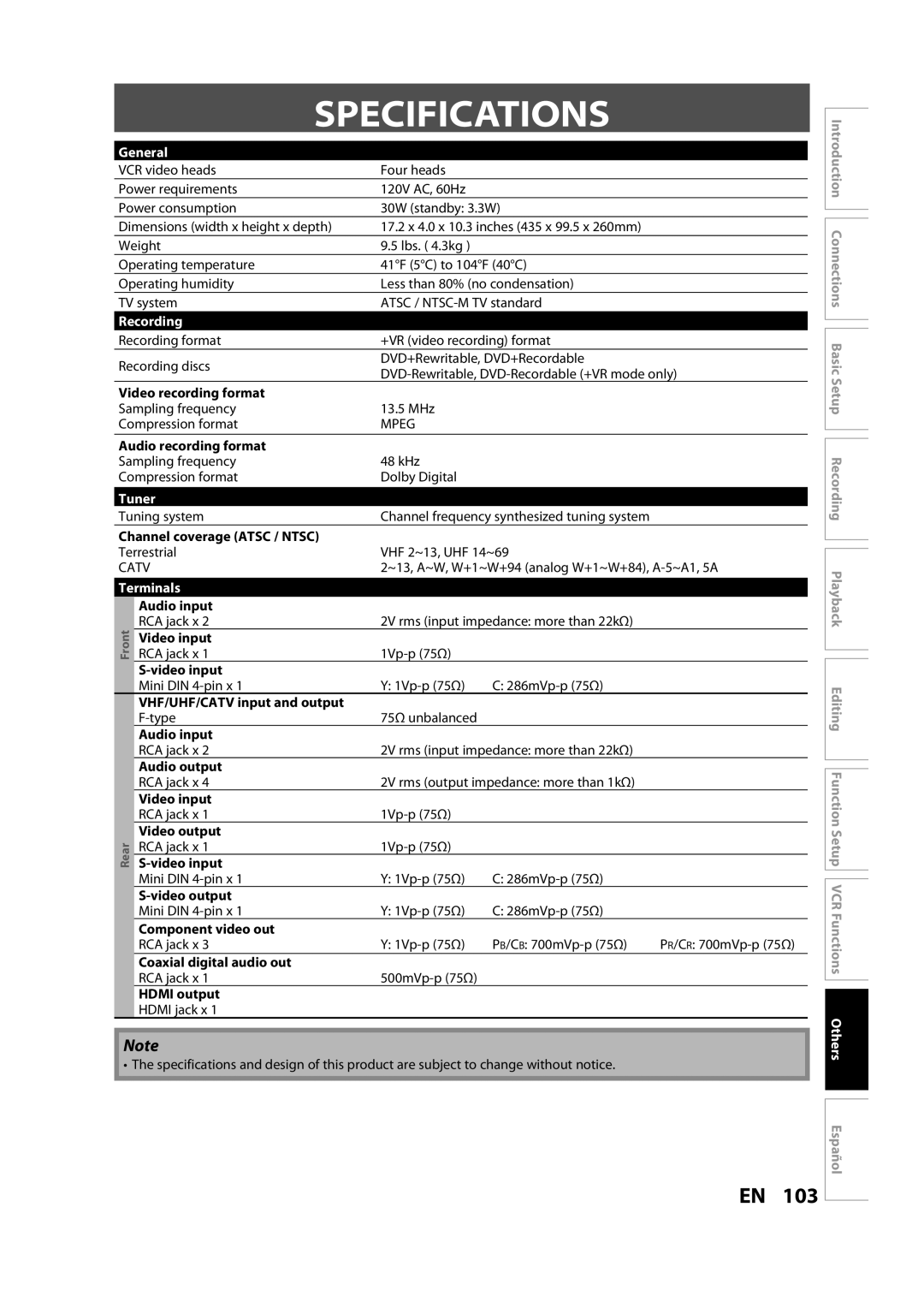 FUNAI ZV457MG9 A owner manual Specifications, General, Recording, Tuner, Terminals 