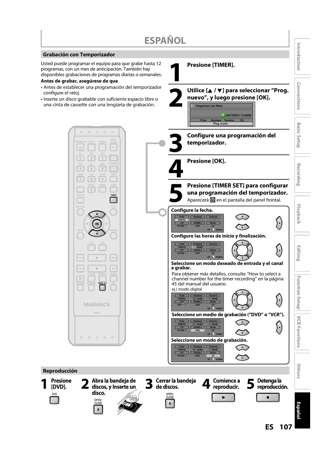 FUNAI ZV457MG9 A Presione Timer, Nuevo, y luego presione OK, Configure una programación del, Temporizador Presione OK, Dvd 