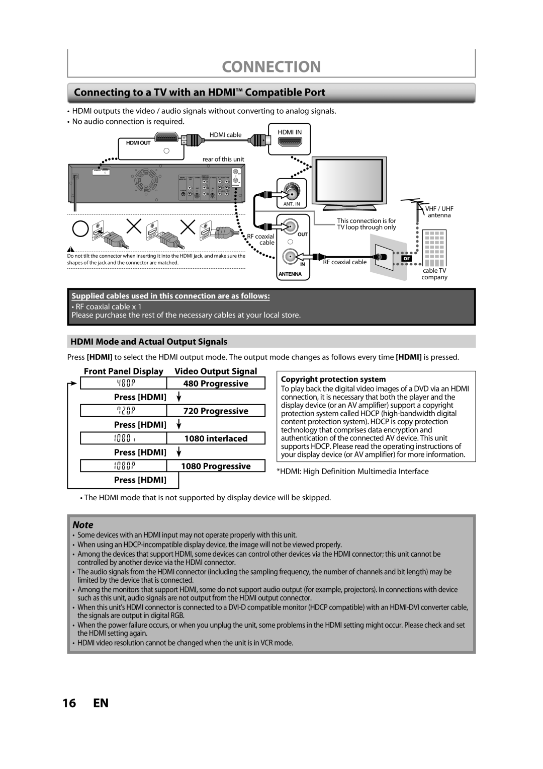 FUNAI ZV457MG9 A Connection, Connecting to a TV with an Hdmi Compatible Port, Hdmi Mode and Actual Output Signals 