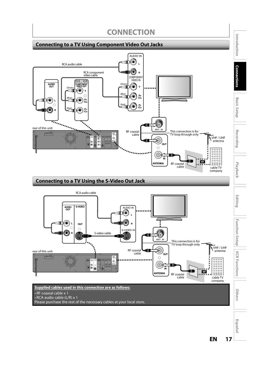 FUNAI ZV457MG9 A Connecting to a TV Using Component Video Out Jacks, Connecting to a TV Using the S-Video Out Jack 