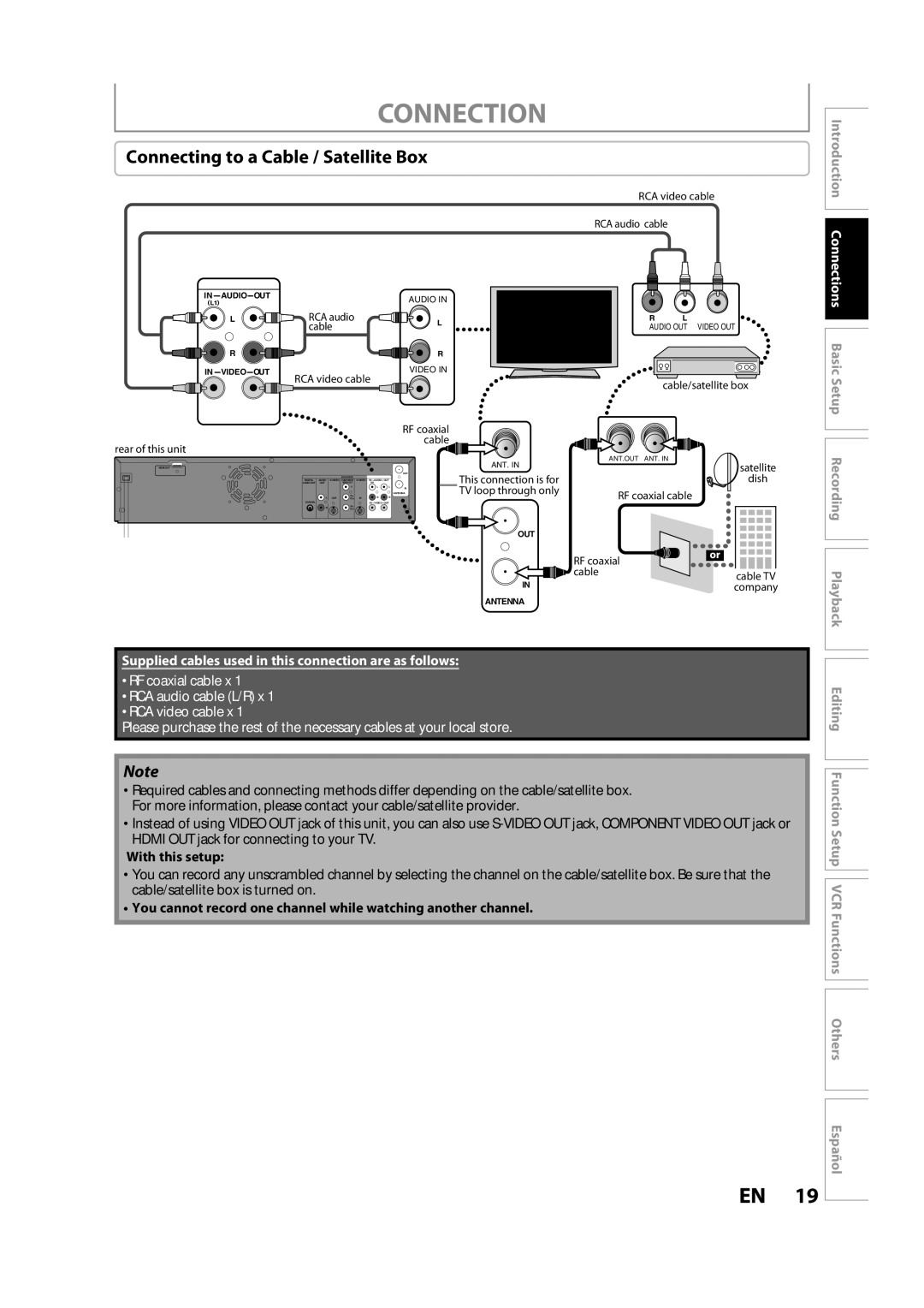 FUNAI ZV457MG9 A owner manual Connecting to a Cable / Satellite Box, With this setup 