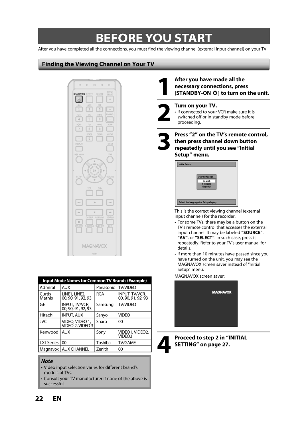 FUNAI ZV457MG9 A Before YOU Start, Finding the Viewing Channel on Your TV, Turn on your TV, Proceed to in Initial 