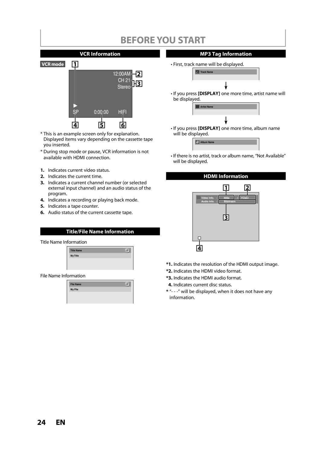 FUNAI ZV457MG9 A owner manual VCR mode, Title Name Information, File Name Information, First, track name will be displayed 