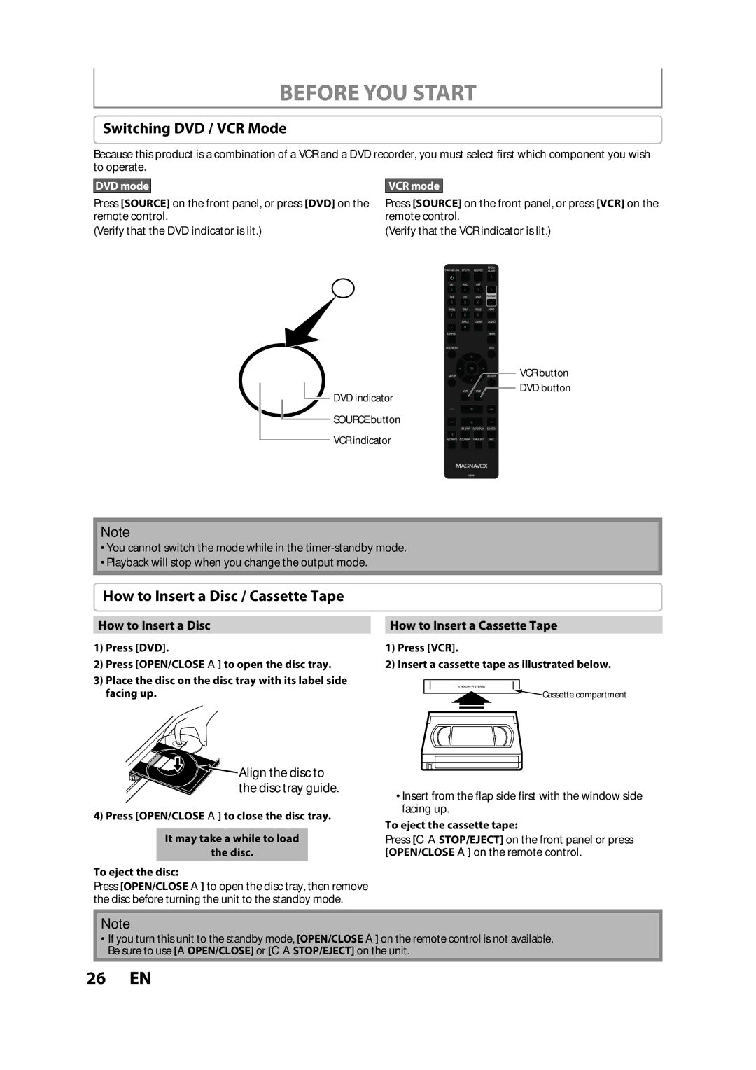 FUNAI ZV457MG9 A owner manual Switching DVD / VCR Mode, How to Insert a Disc / Cassette Tape, How to Insert a Cassette Tape 