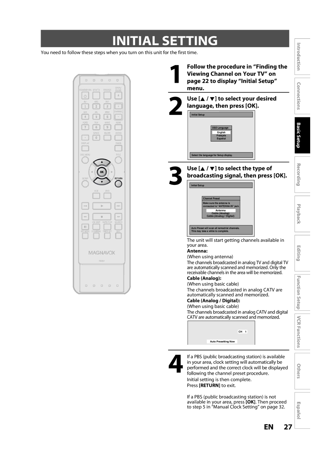 FUNAI ZV457MG9 A owner manual Initial Setting, Antenna, Cable Analog / Digital 