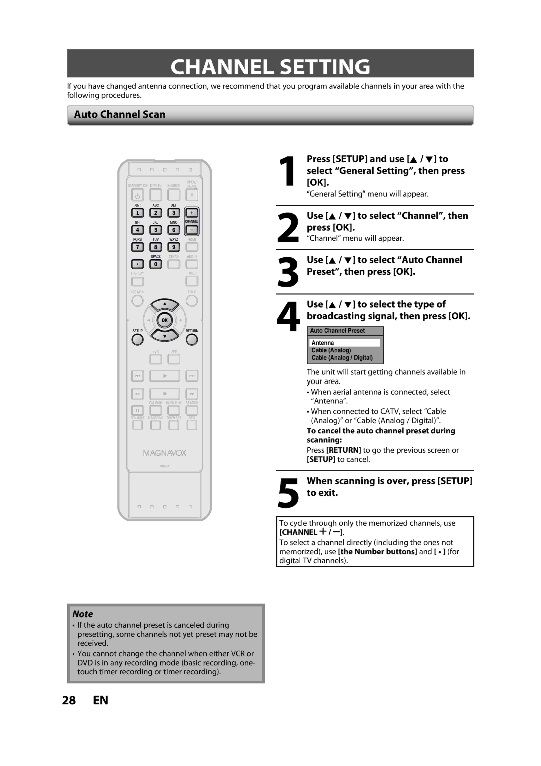 FUNAI ZV457MG9 A owner manual Channel Setting, Auto Channel Scan 