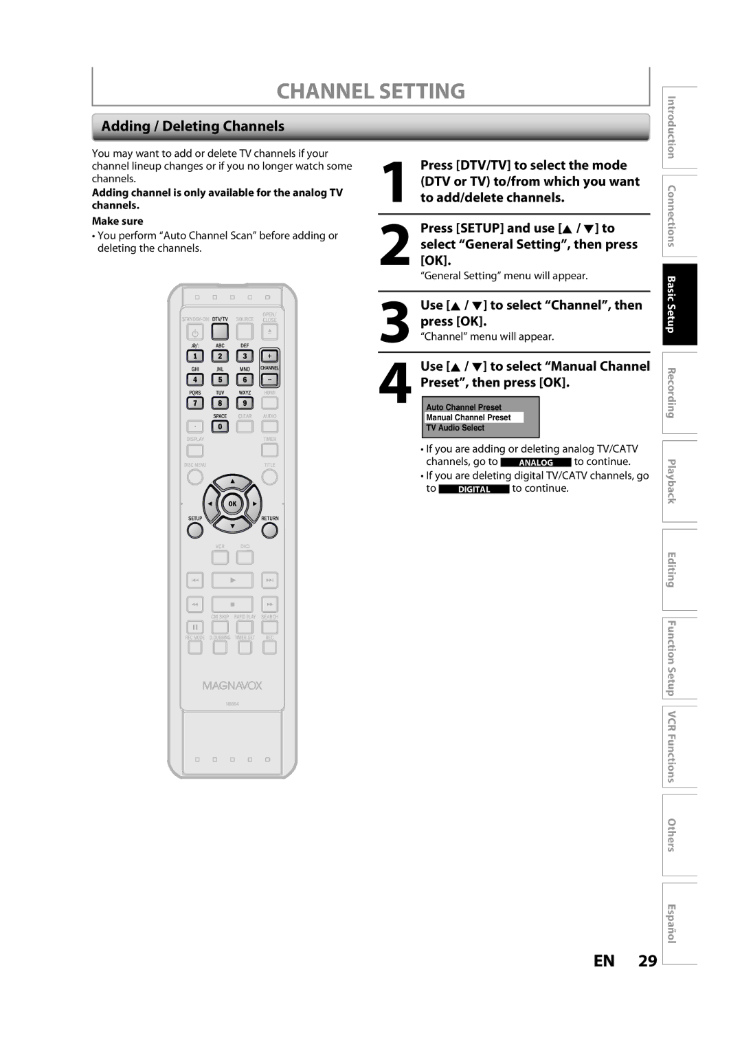 FUNAI ZV457MG9 A owner manual Channel Setting, Adding / Deleting Channels, Use K / L to select Channel, then press OK 