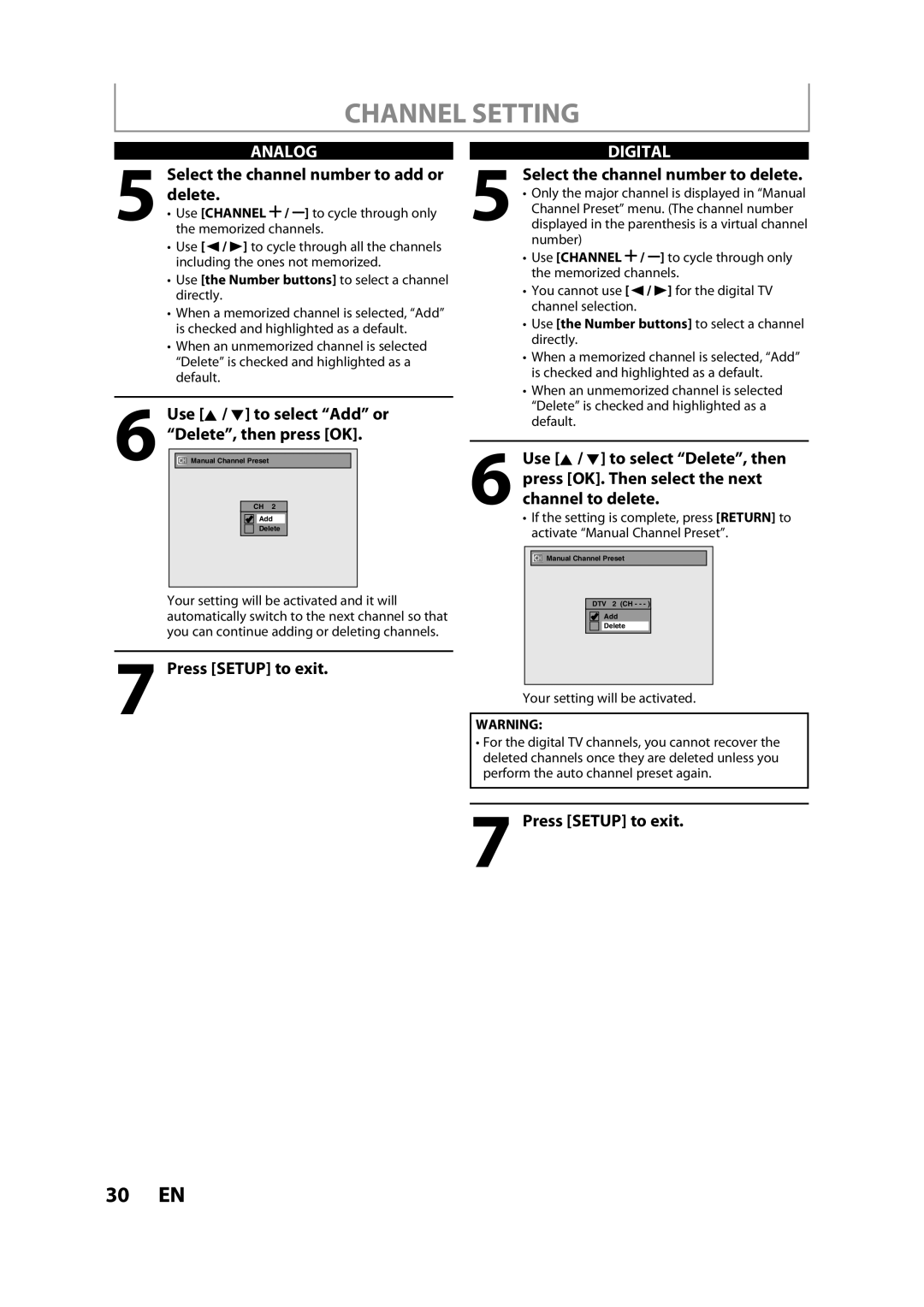 FUNAI ZV457MG9 A Select the channel number to add or delete, Press Setup to exit, Select the channel number to delete 