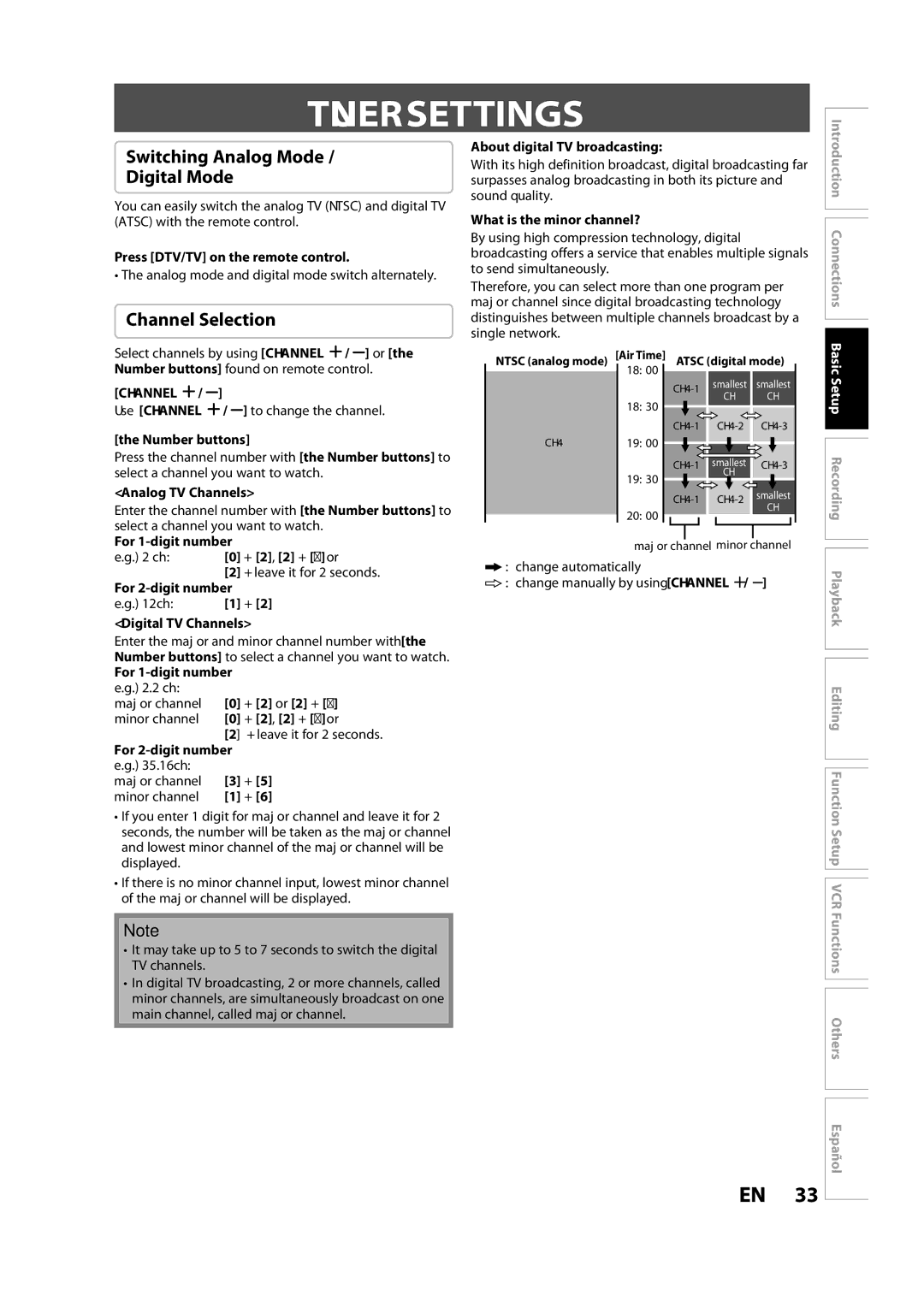 FUNAI ZV457MG9 A owner manual Tuner Settings, Switching Analog Mode Digital Mode, Channel Selection 