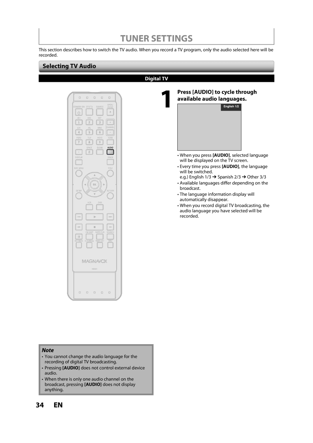 FUNAI ZV457MG9 A owner manual Tuner Settings, Selecting TV Audio, Press Audio to cycle through available audio languages 