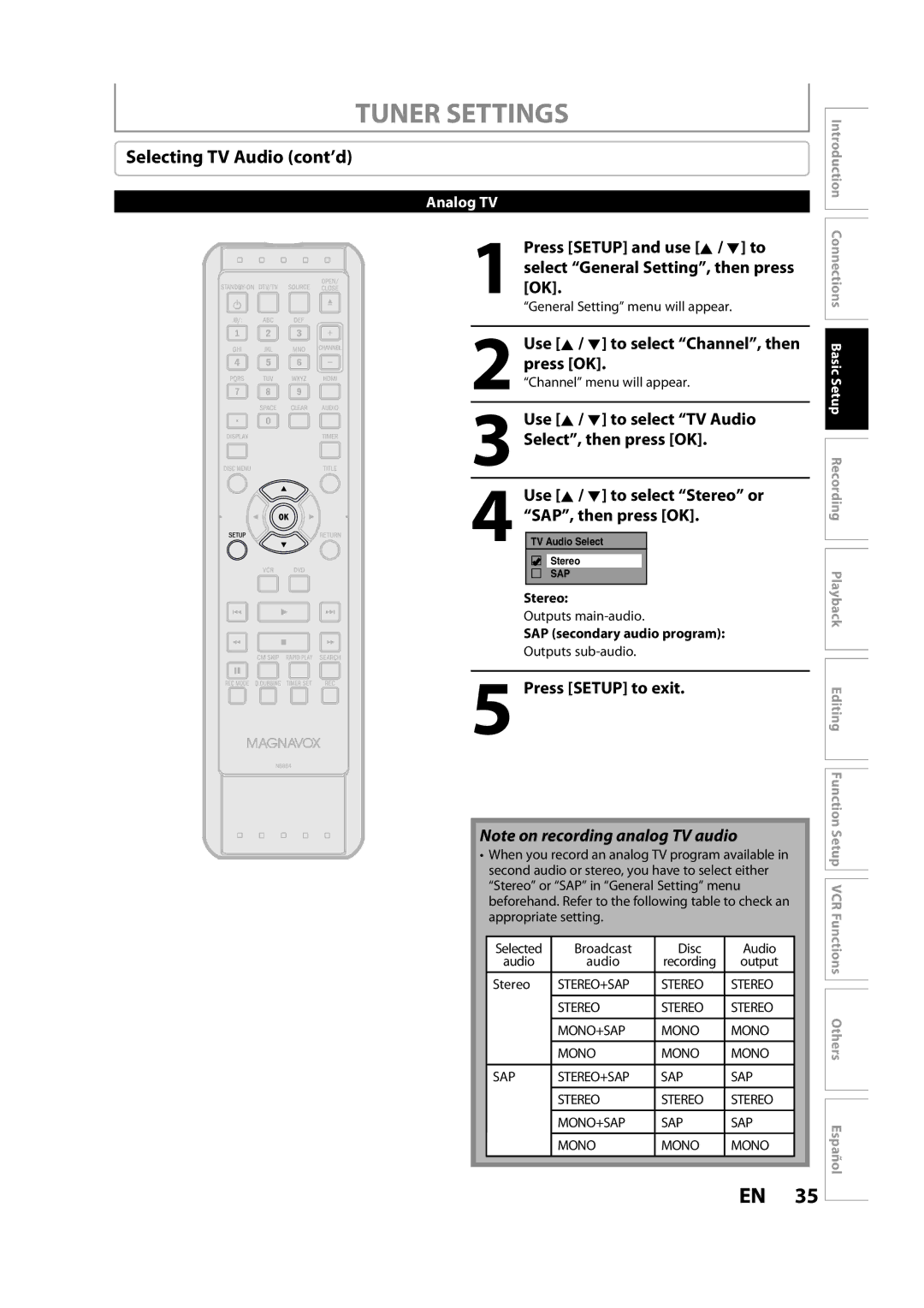 FUNAI ZV457MG9 A owner manual Selecting TV Audio cont’d, Broadcast Disc Audio, Audio Recording Output Stereo 