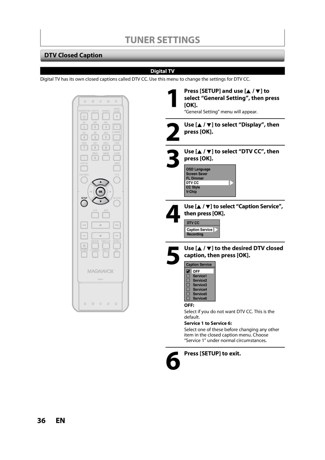 FUNAI ZV457MG9 A owner manual DTV Closed Caption, Use K / L to select Caption Service, then press OK, Service 1 to Service 