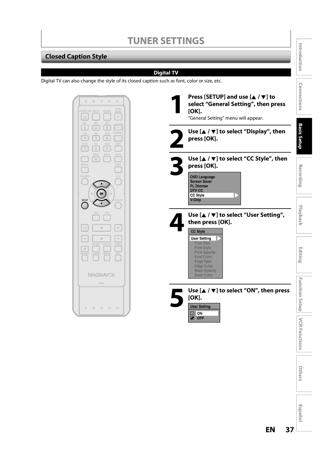 FUNAI ZV457MG9 A owner manual Closed Caption Style, Use K / L to select User Setting, then press OK 