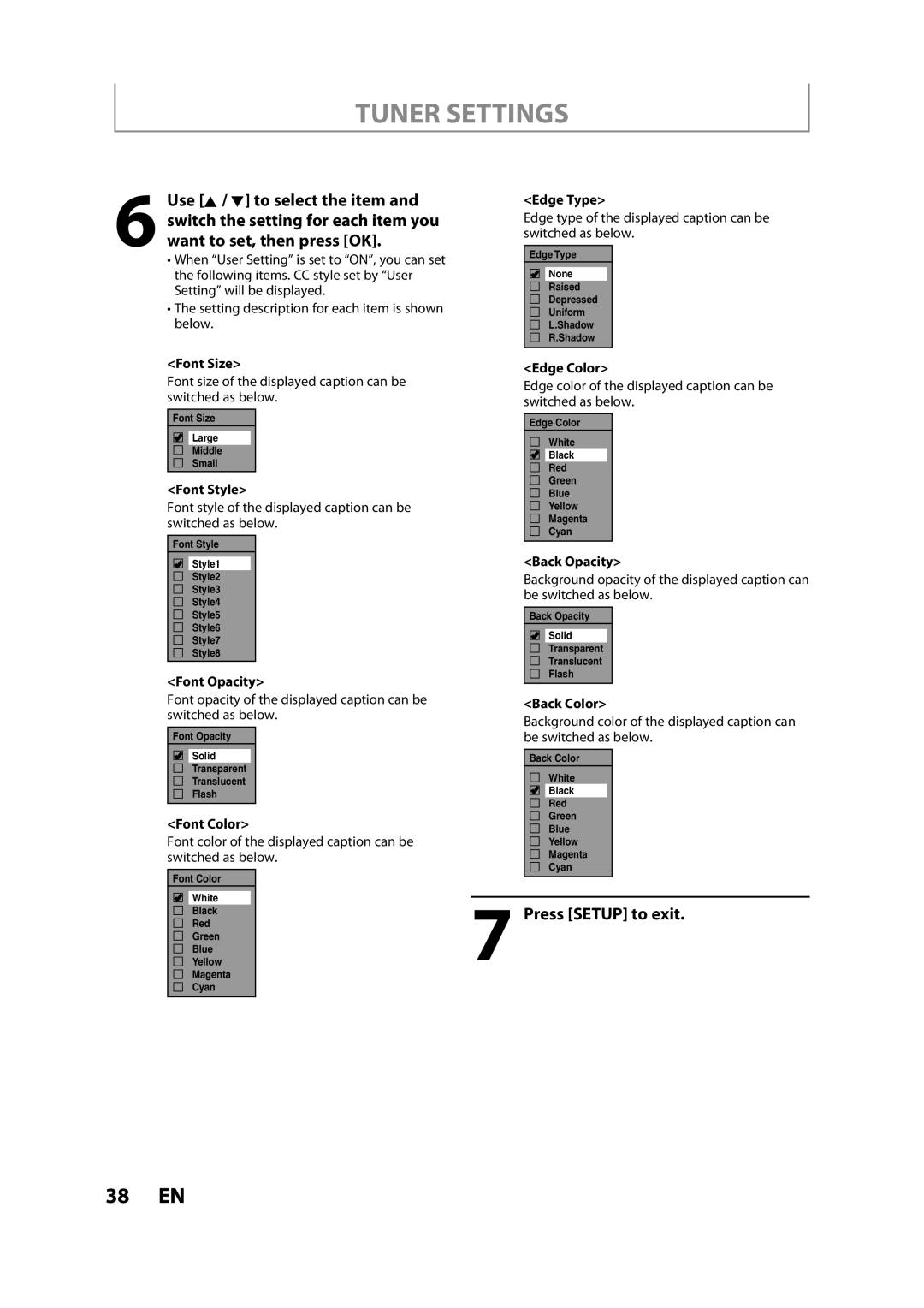 FUNAI ZV457MG9 A Font Size, Edge Type, Edge Color, Font Style, Font Opacity, Font Color, Back Opacity, Back Color 